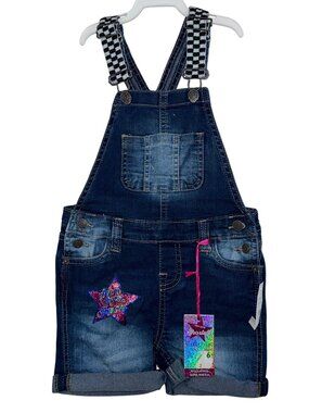 Vigoss Girls Dark Wash Denim Shortall Overalls With Checkered Straps & Star Patc
